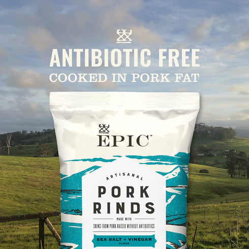 2.5 oz (Pack 4) EPIC Sea Salt and Vinegar Pork Rinds, Keto Friendly, Protein Snacks