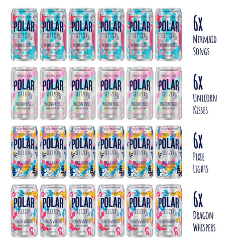 100% 24 Pack POLAR Natural Seltzer Jr ct Variety The Impossibly Good Collection (Unicorn Kisses, Pixie Lights, Mermaid