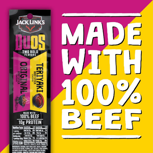 10g 100% Package, 1.84oz (10 Pack 2 Jack Link's DUOs Beef Jerky Meat Snack Sticks with Protein Original & Teriyaki