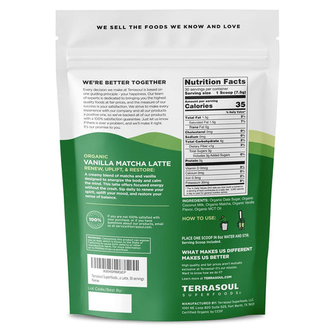 30 Terrasoul Superfoods Organic Vanilla Matcha Latte Powder, Servings Creamy Coconut Milk, Lightly Sweetened with Date