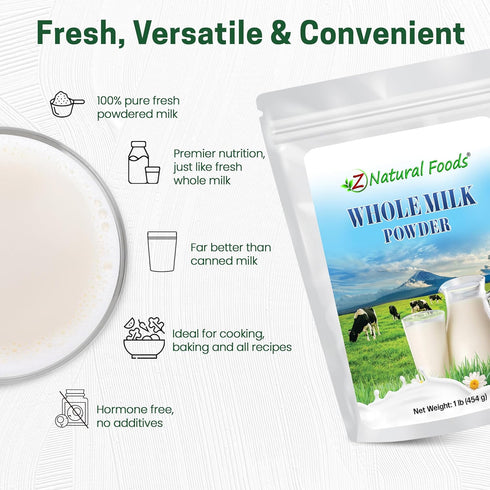 1 lb Z Natural Foods Premium Whole Milk Powder - Powdered Milk for Baking, Cooking, Drinks - Dry Milk Powder