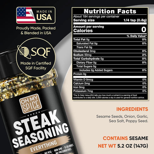 5.2oz Steak Seasoning Everything Bagel Seasoning Mix - Gluten Free & Low Sodium Meat Seasonings Beef, NY Strip, BBQ