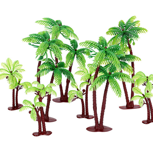 Jovitec 16 Pcs Plastic Green Palm Tree Coconuts Cupcake Topper Scale Scenery