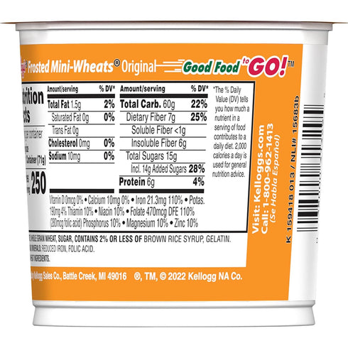 30oz (12 Kellogg's Frosted Mini-Wheats Breakfast Cereal Cups, High Fiber Cereal, Kids Snacks, Original, Case Cups)