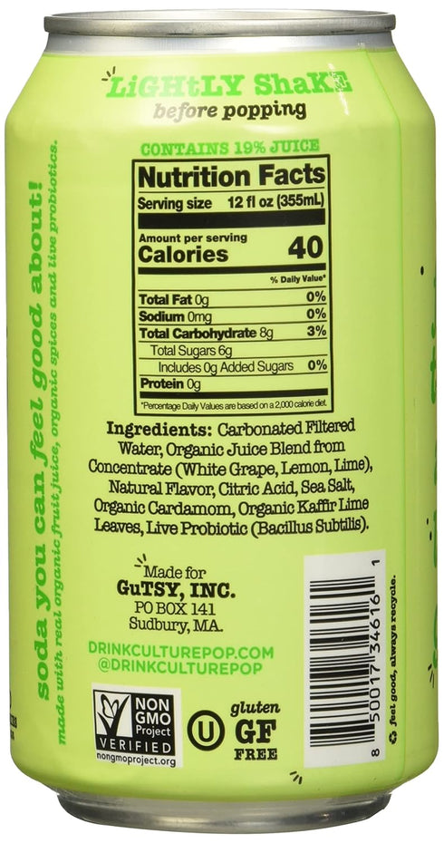 12 (Pack 12) Culture Pop Lemon Lime & Cardamom Probiotic Soda, Plant Based, Fluid Ounces