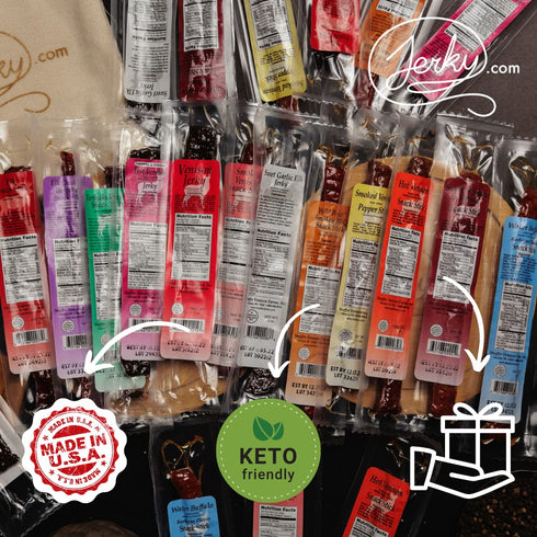 12pc Jerky.com Exotic Meat Sticks Gift Bag | Wild Game Jerky Sampler with Venison, Elk & Wild Boar | High Protein Jerky