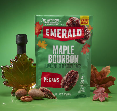 (1-Pack) 5oz Emerald Maple Bourbon Pecans | Resealable Bag | Kosher Dairy Certified, Non-GMO, Contains No Artificial