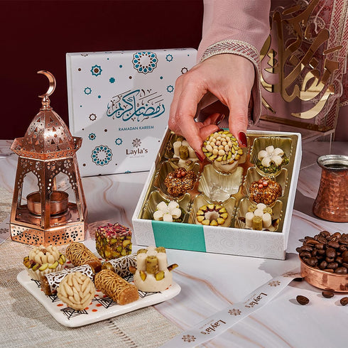 9 Laylas Delicacies Mediterranean Treats Gift Box for Ramadan Mubarak - Handmade Healthy Mixed Nutty Flavors Pastries