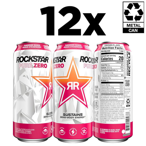 0 16 Oz (Pack 12) (Packaging Rockstar Pure Zero Energy Drink, Tangerine Mango Guava Strawberryh, Sugar, with Caffeine