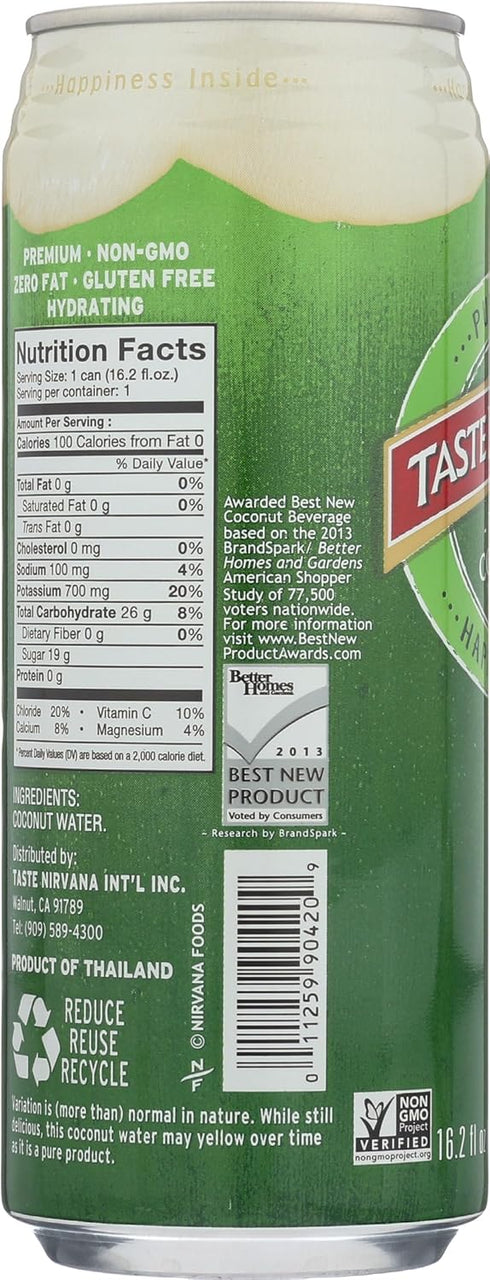 16.2 Taste Nirvana Real Coconut Water, Coco Real Premium Coconut Water, Ounce Can
