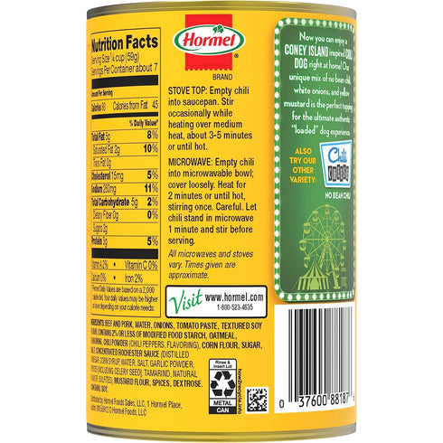 15 Oz, 12 Pack HORMEL Chili Coney Island Inspired No Bean, No Artificial Ingredients