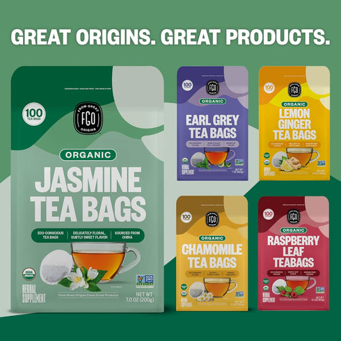 FGO Organic Jasmine Green Tea - 100 Count Eco-Conscious Tea Bags, Resealable Bag