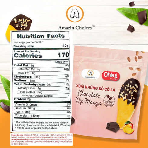 Pack (3.52 Oz) Pack 1 Vegan Dried Mango Slices Covered in Chocolate Almond Gluten-Free Snacks - Tropical Chocolates Dip