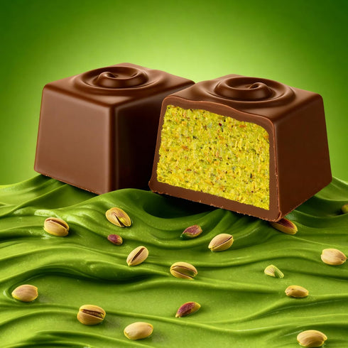 24 Count Fiorella Dubai Style Milk Chocolate Pistachio Squares, Filled Chocolate With Pistachio Butter & Crispy