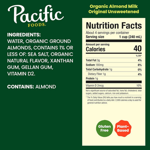 32 oz Pacific Foods Organic Unsweetened Almond Milk, Plant Based Milk, Carton