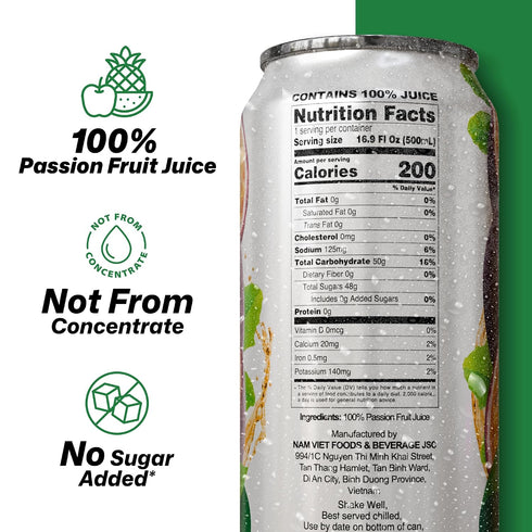 100% 16.9 oz (500 mL) Pack 6 VINUT Passion Fruit Juice, No Added Sugar, Not From Concentrate, fl Can
