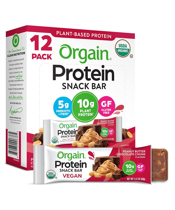 Orgain Organic Vegan Protein Bars, Peanut Butter Chocolate Chunk - 10g Plant Based Protein, Gluten Free, 1.41 Oz (Pack