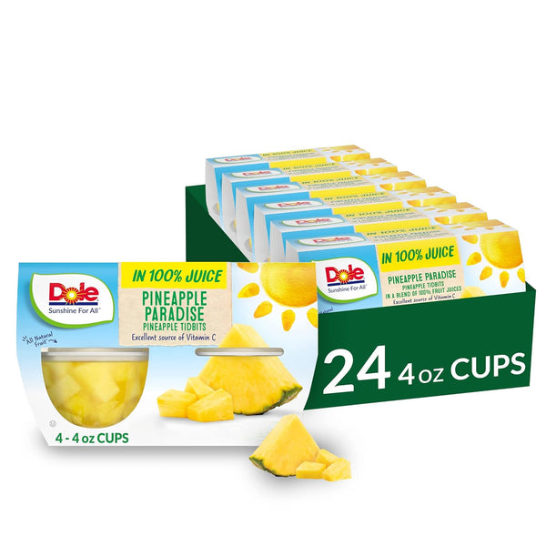 Dole Fruit Bowls Pineapple Tidbits in 100% Juice Snacks, 4oz 24 Total Cups, Gluten & Dairy Free Bulk Lunch Snacks