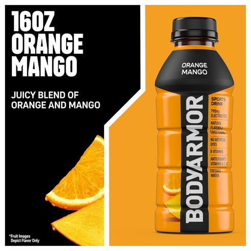 Potassium-Packed 16 Oz (Pack 12) BODYARMOR Sports Drink Sports Beverage, Orange Mango, Coconut Water Hydration, Natural
