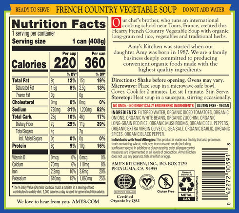 Country 14.4 (Pack 12) Amy's Hearty Organic Soups, French Vegetable, Ounce