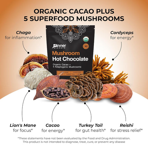 5 (30 Inner Elevate Organic Mushroom Hot Chocolate - Ceremonial Cacao with Adaptogenic Mushrooms - Great as a Coffee