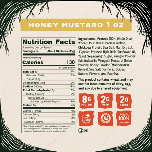 Protein-Packed 8-9g 1-2g 16-Count (1.06oz Kindling Protein Pretzels - Honey Mustard | Snack Size Bags | Kosher |