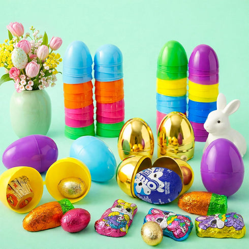 Pack 52 Easter Candy with Fillable Plastic Eggs Bundle - Bulk Of Plastic Eggs With Assorted Chocolate Candy for Filling