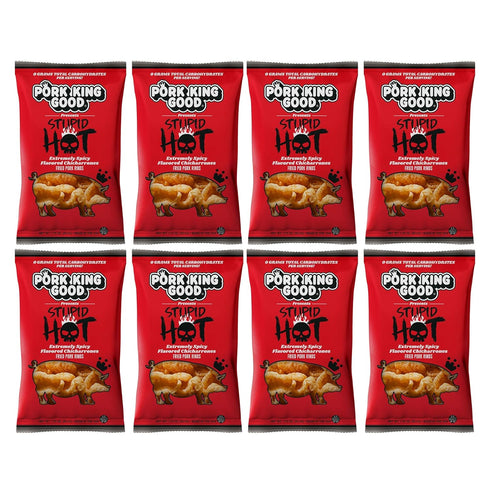 Pork King Good Stupid Hot Pork Rinds (Chicharrones) (8 Pack)