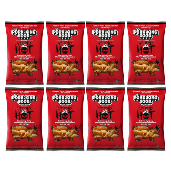 Pork King Good Stupid Hot Pork Rinds (Chicharrones) (8 Pack)