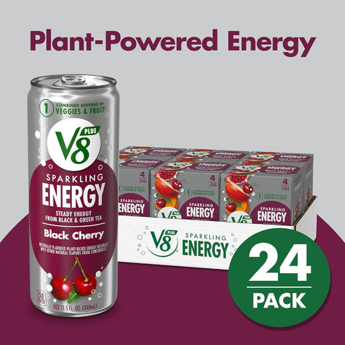 V8 +ENERGY 11.5 OZ 4 Count (Pack 6) Black Cherry Energy Drink, Made with Real Vegetable and Fruit Juices, FL Can