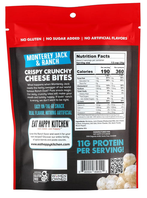 Eat Happy Kitchen 2 oz (Pack 3) 11g Crispy Cheese Bites, Monterey Jack & Ranch, of Crunchy Real Cheese Snack Protein