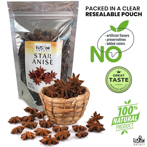 Packed 22 4 oz. Fusion Select Dried Star Anise - Whole Badian Spice for Oriental & Indian Dishes & Recipes - Natural