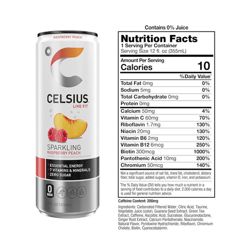 12 Oz (Pack 12) CELSIUS Sparkling Raspberry Peach, Sugar Free Energy Drink, Fl