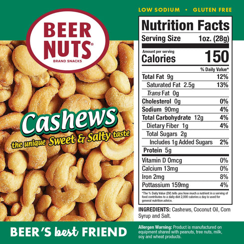 12oz (Pack 2) BEER NUTS Cashews - Sweet & Salty Cashews - Gluten Free, Kosher, Low Sodium Nut Snacks Made In The USA