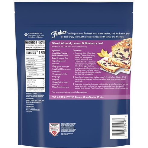 24oz Fisher Chef's Naturals Unsalted Sliced Almonds Resealable Bag, Raw Nuts Perfect for Cooking, Baking & Snacking