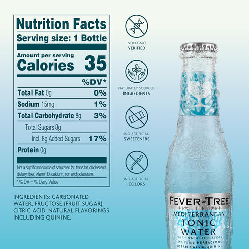6.8 oz Pack 24 Fever-Tree Mediterranean Tonic Water Premium Mixer for Cocktails and Mocktails, fl Bottles, of Naturally