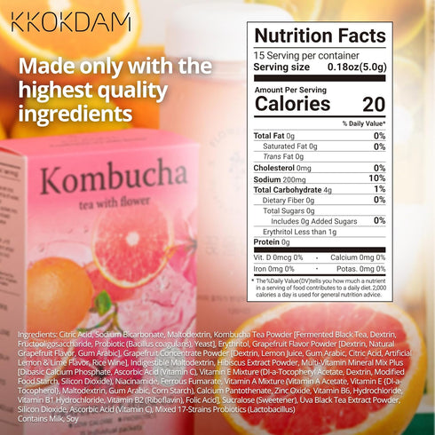 Pack 15 Packs KKOKDAM Kombucha Tea - Grapefruit & Hibiscus Korean Tea - Kombucha Drinks Probiotic Support, Low Calorie