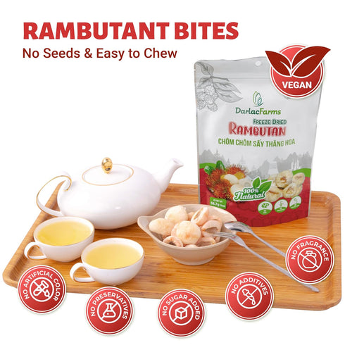 Pack 6, 2 Oz DARLAC FARMS Freeze Dried Rambutan Bites, No Sugar Added, Healthy Fruit Snacks for Kids, Adults & All