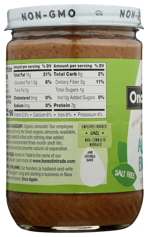 16oz Once Again Organic Crunchy Almond Butter, - Lightly Toasted - Salt Free, Unsweetened - USDA Organic, Gluten Free