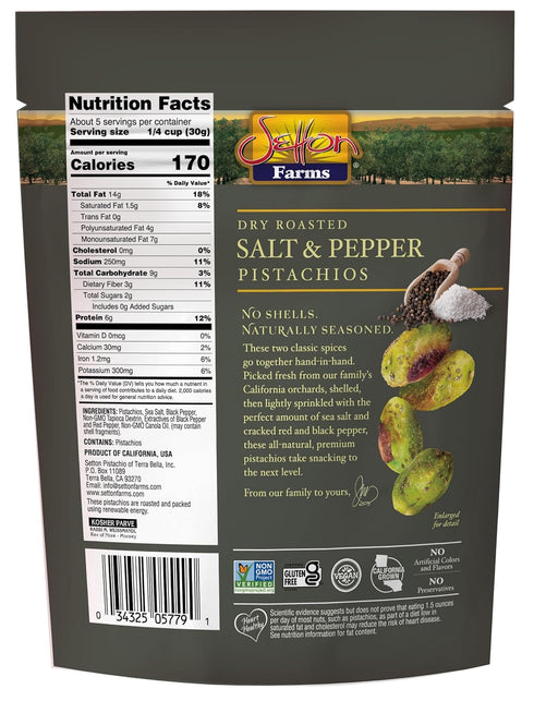 Setton 5 oz Farms Naturally Seasoned Pistachio Kernels, Salt and Pepper, No Shell Pistachios, Certified Non-GMO, Gluten