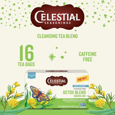 16 Celestial Seasonings Detox Blend Dandelion Wellness Tea, Caffeine Free, Tea Bags Box