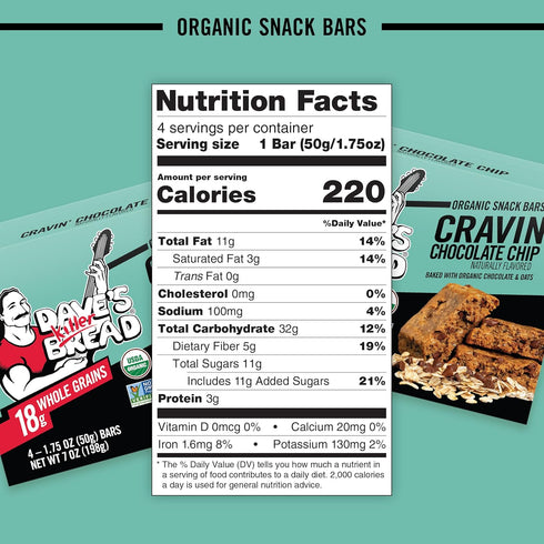 4 (Pack 3) Dave's Killer Bread Cravin' Chocolate Chip Snack Bars, CT with Branded Sticker