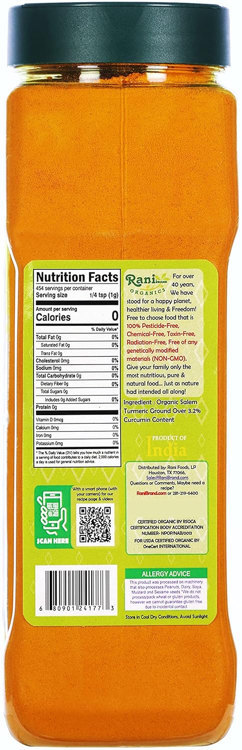 Rani Organic Turmeric (Haldi) Root Powder Spice, High Curcumin Content, 16oz (1lb) PET Jar, USDA Certified Organic