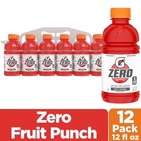 12oz 12 Pack, Gatorade Thirst Quencher Zero Sugar Sports Drink, Fruit Punch, Bottles, Electrolytes for Rehydration