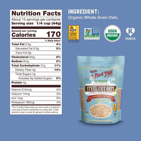 24oz (Pack 4) Bob's Red Mill Organic Steel Cut Oats, of - Non GMO, Whole Grain, Vegan, Kosher