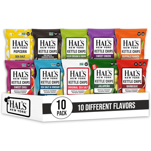 Hal's New York Kettle Cooked Potato Chips and Popcorn, Variety Pack, 10 Flavors, 2 Oz