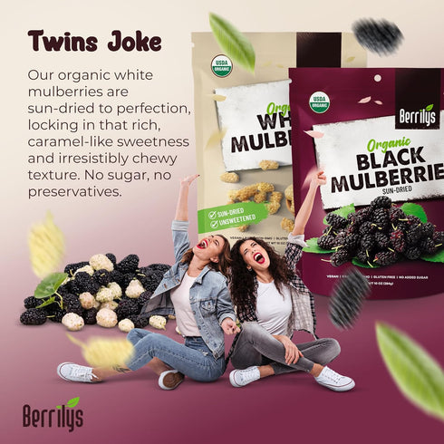 Mulberries 2 Pack Berrilys Organic Dried White & Black - Sun-Dried - Homemade Recipes - Chewy Fruit - Ideal for Snacks