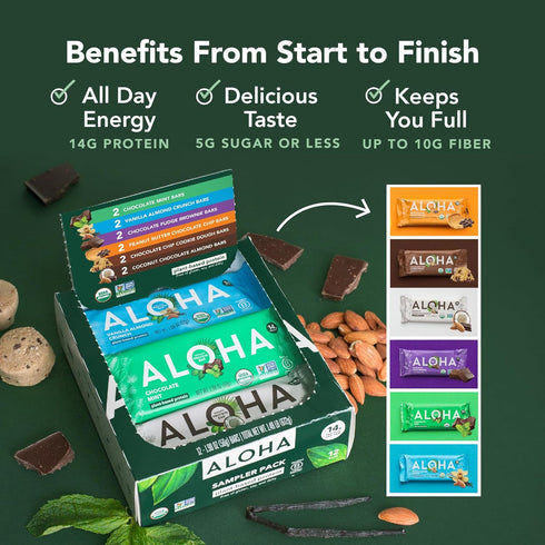 6 Pack 12 Count, 1.9oz ALOHA Organic Plant Based Protein Bars - Flavor Variety - Bars - Vegan Snacks, Low Sugar