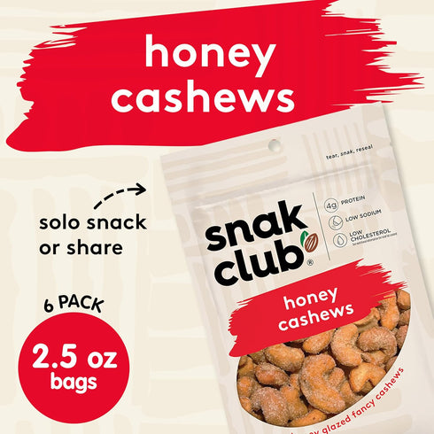 2.5 oz 6 Pack Snak Club Honey Cashews, Honey Glazed Nuts, Kosher Snack, Bags