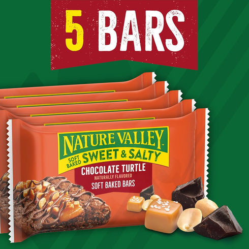 5 6.2 oz Nature Valley Soft Baked Sweet and Salty Bars, Chocolate Turtle, Made with Whole Grain, Bars